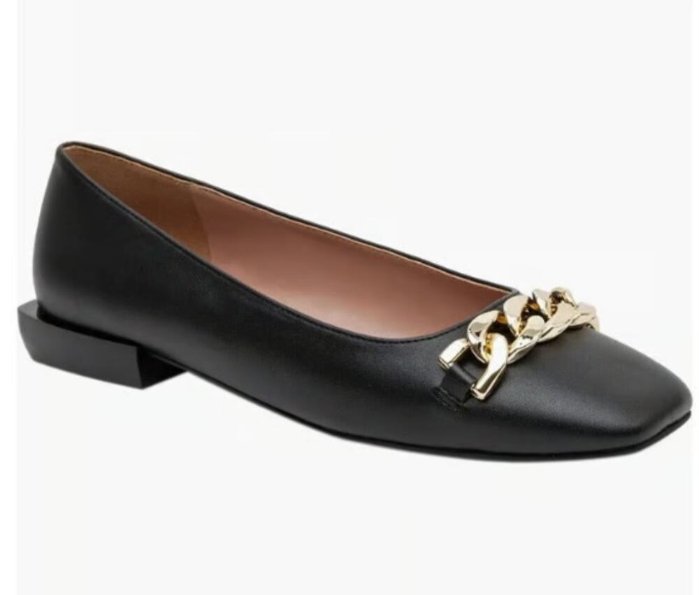 Linea Paolo Natalie Black Flats Size 7 NWOB Gold Chain Detail Unique Heel